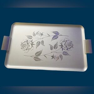 CANADIAN MADE Silium Alloy Metal Cocktail/Serving Tray with Etched Rose